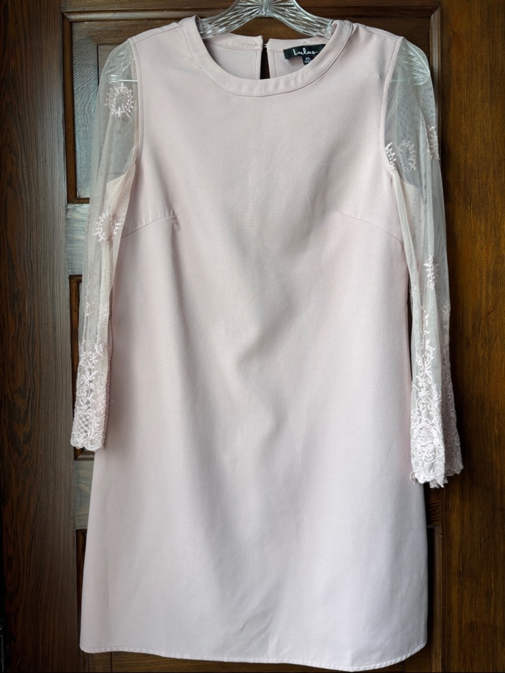 Lulu's Pale Pink Shift Dress with Sheer Lace Sleeves